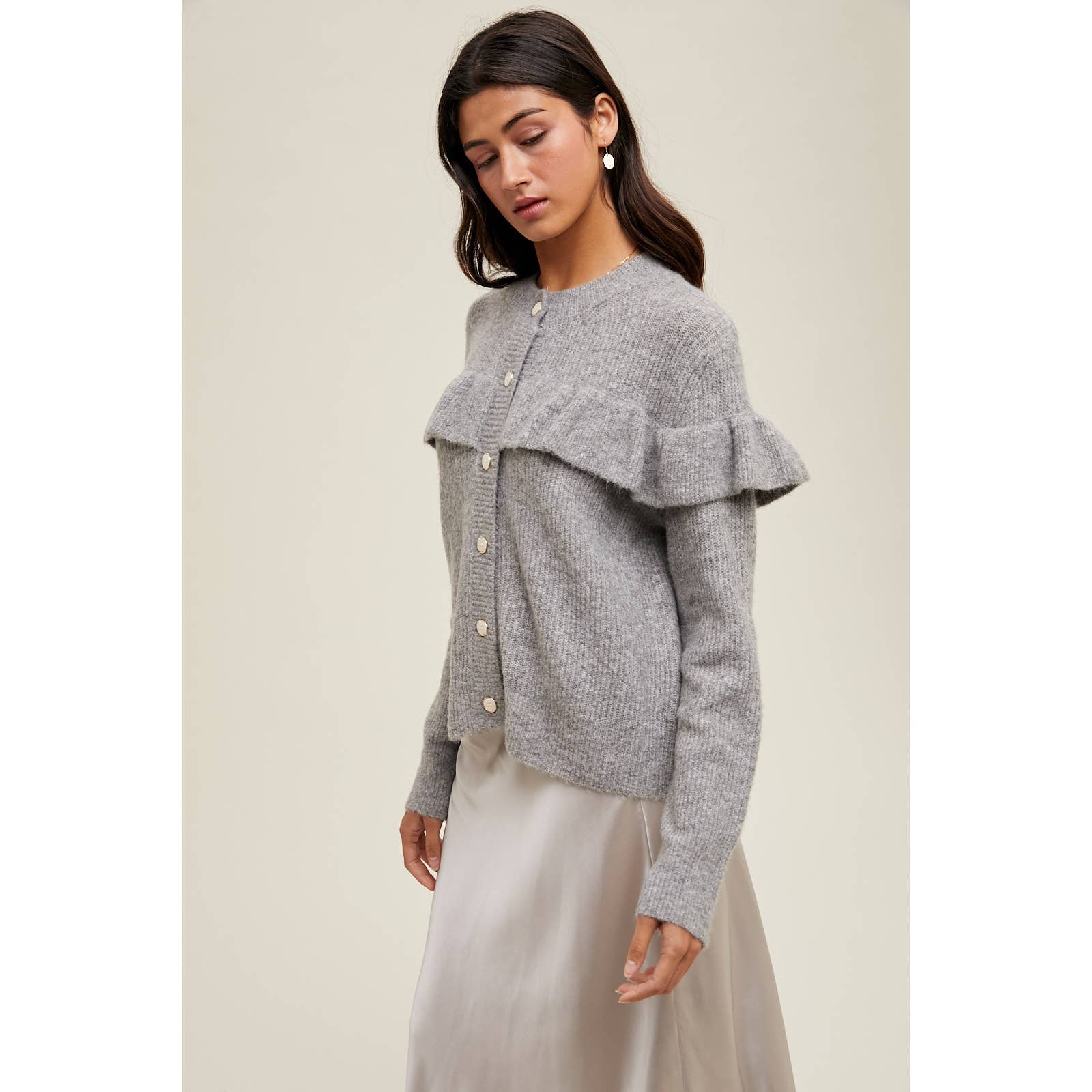 Brushed Button-Up Frill Cardigan