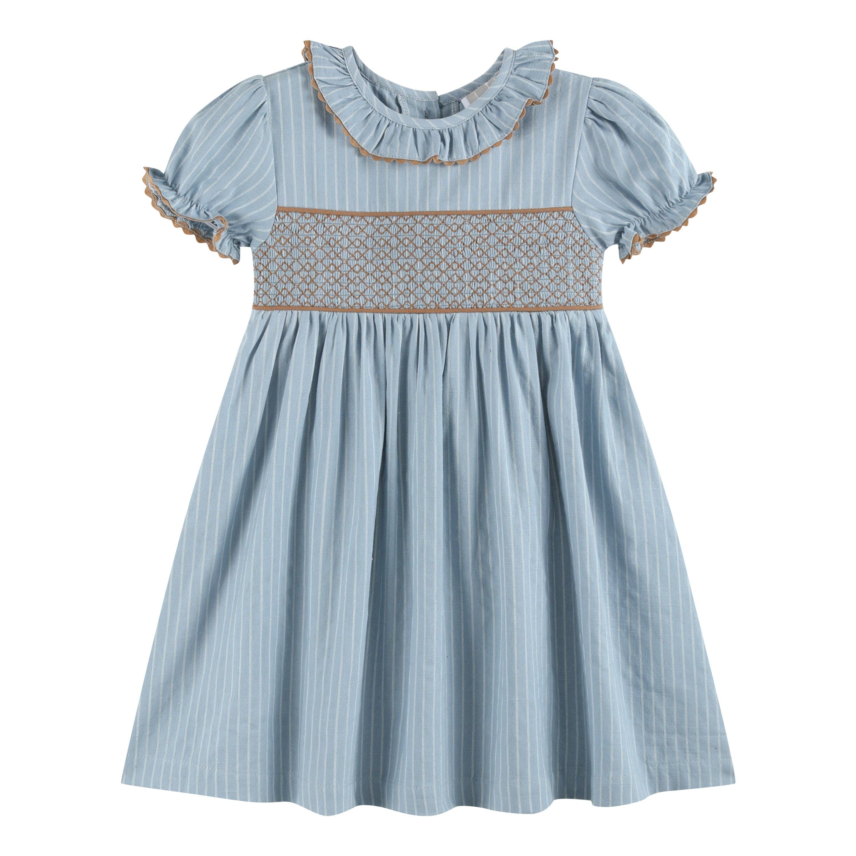 Blue Smocked Ruffle Collar Dress