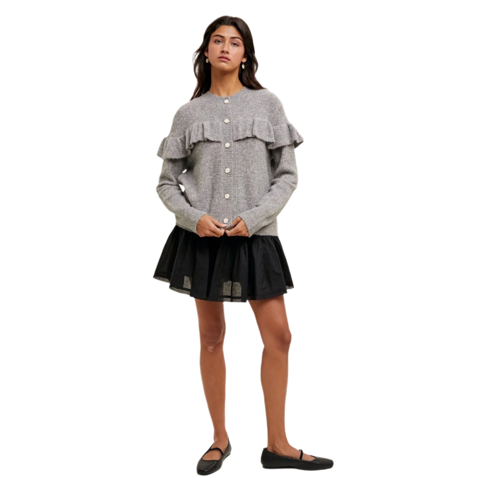 Brushed Button-Up Frill Cardigan