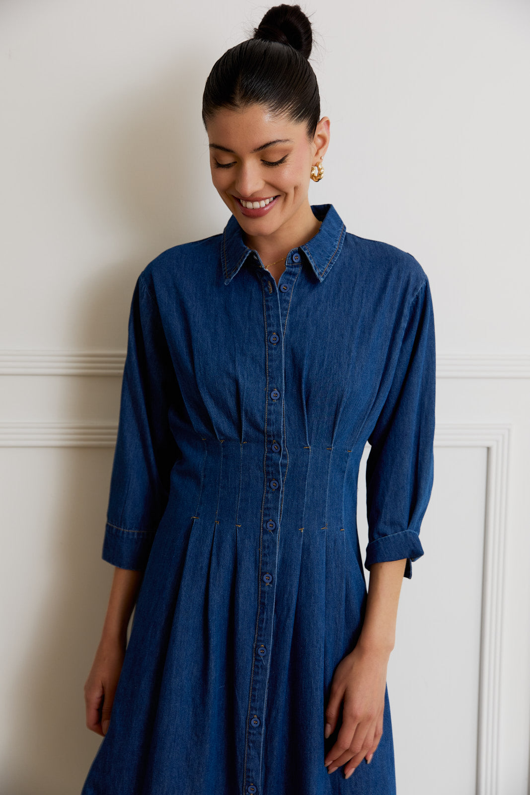 Button Down Pleat Detail Denim Dress