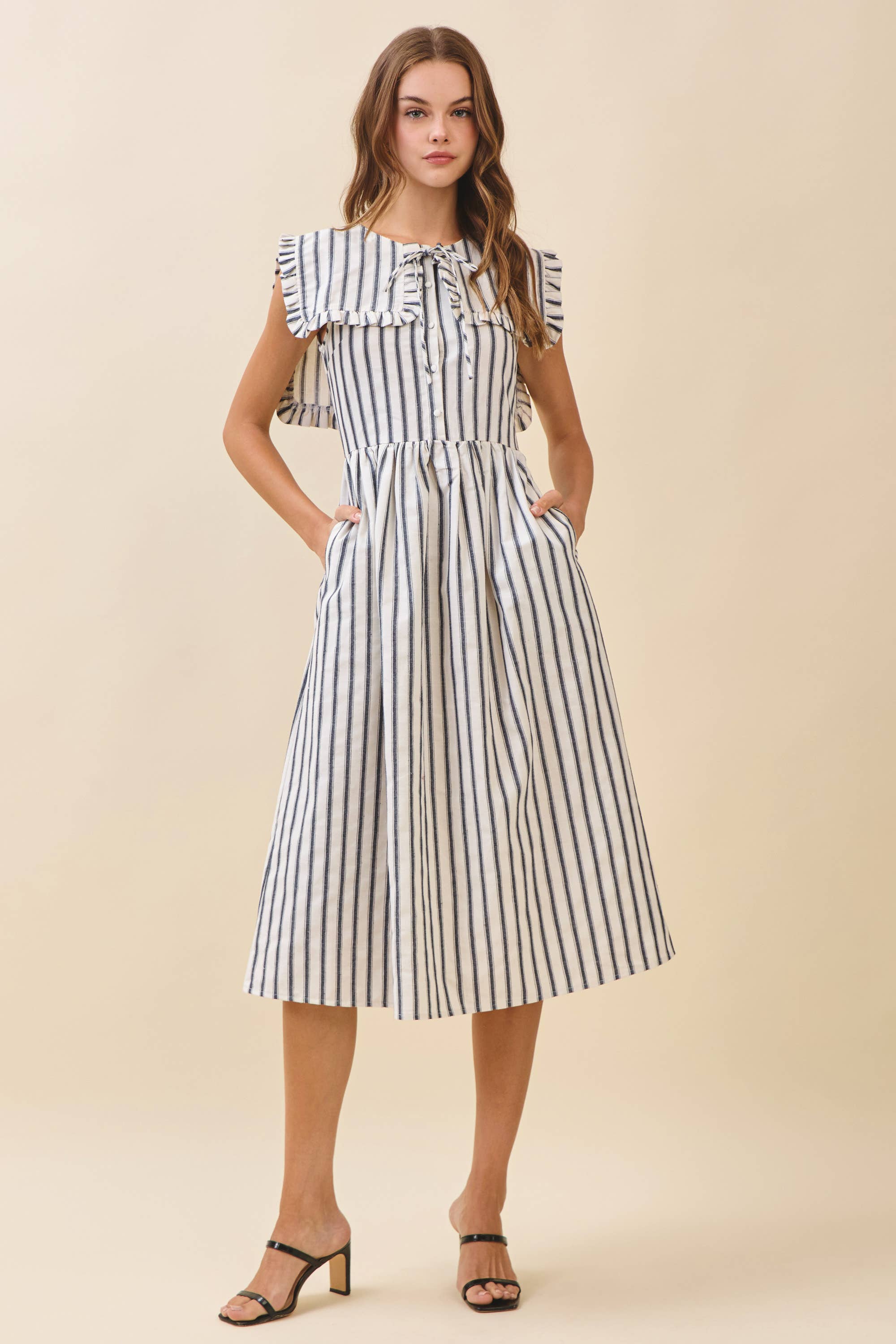 Striped Ruffled Square Collar Midi Dress