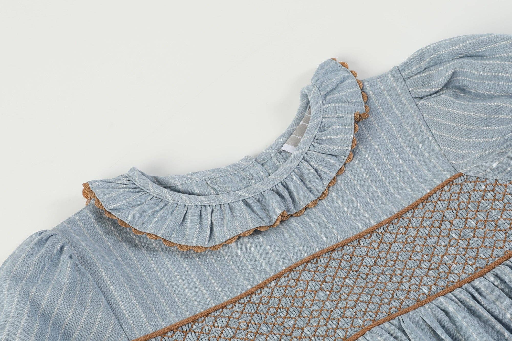 Blue Smocked Ruffle Collar Dress