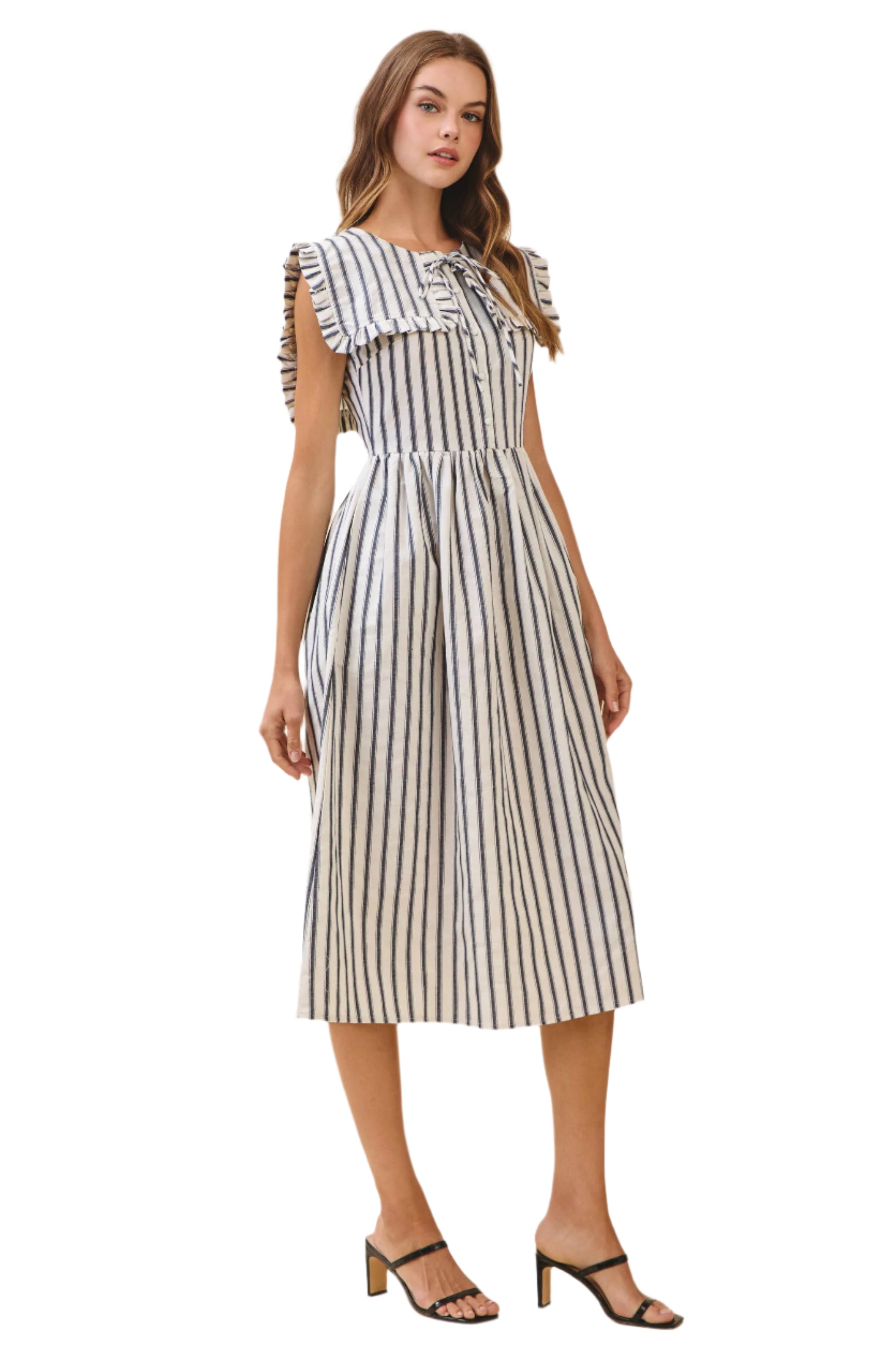Striped Ruffled Square Collar Midi Dress