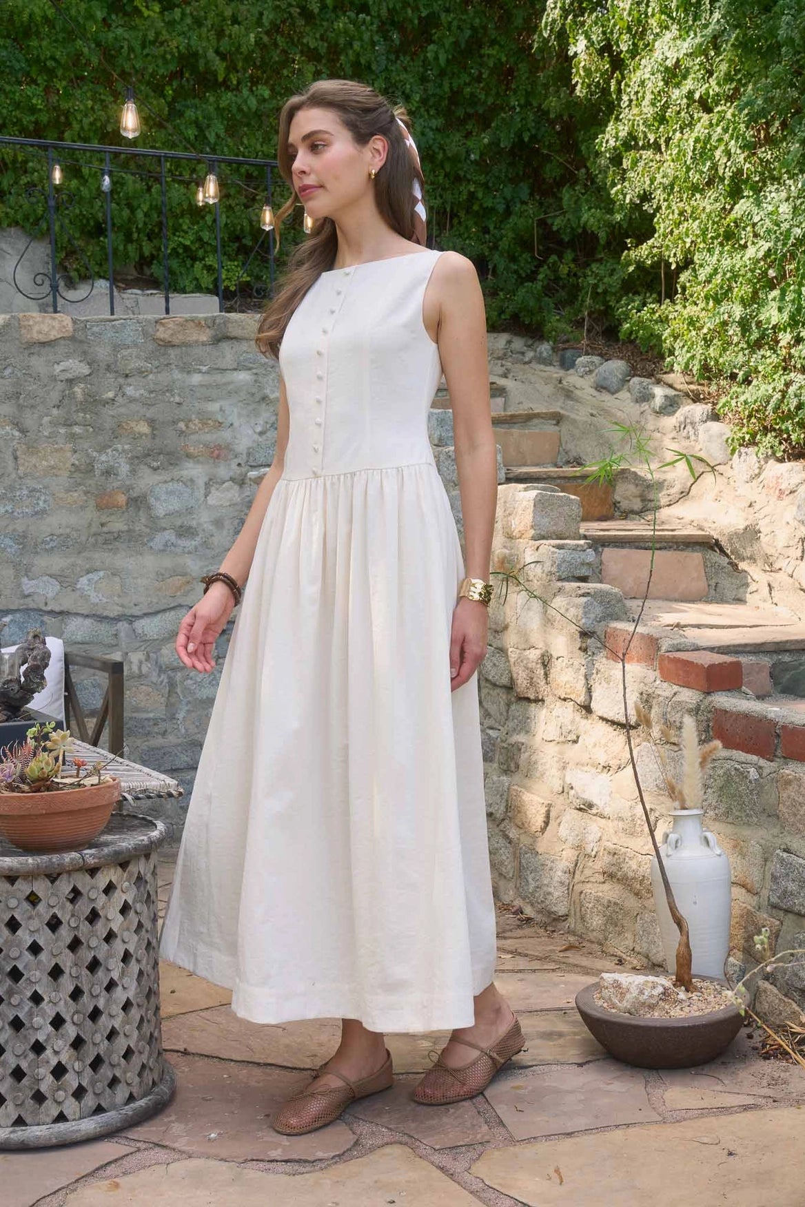 Boat Neck Front Button Midi Dress