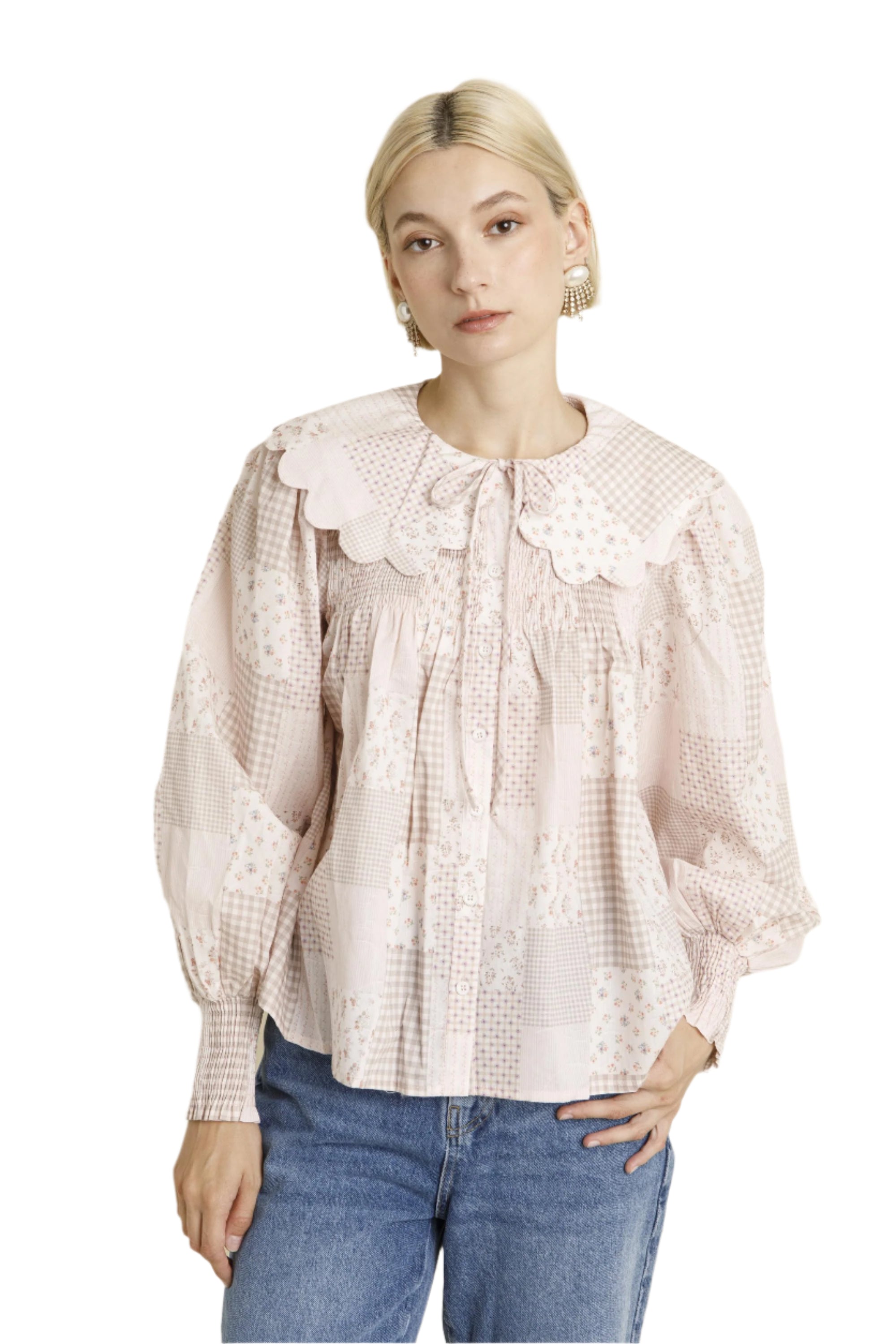 Scallop Collar Tile Print Blouse