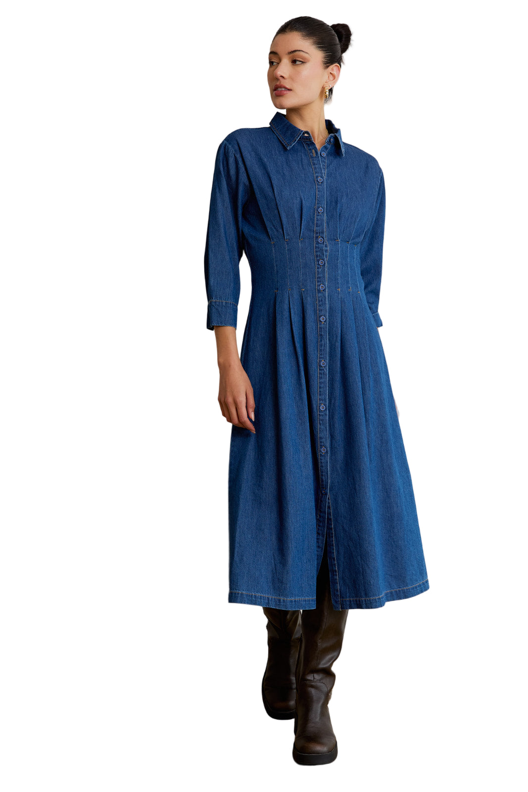 Button Down Pleat Detail Denim Dress