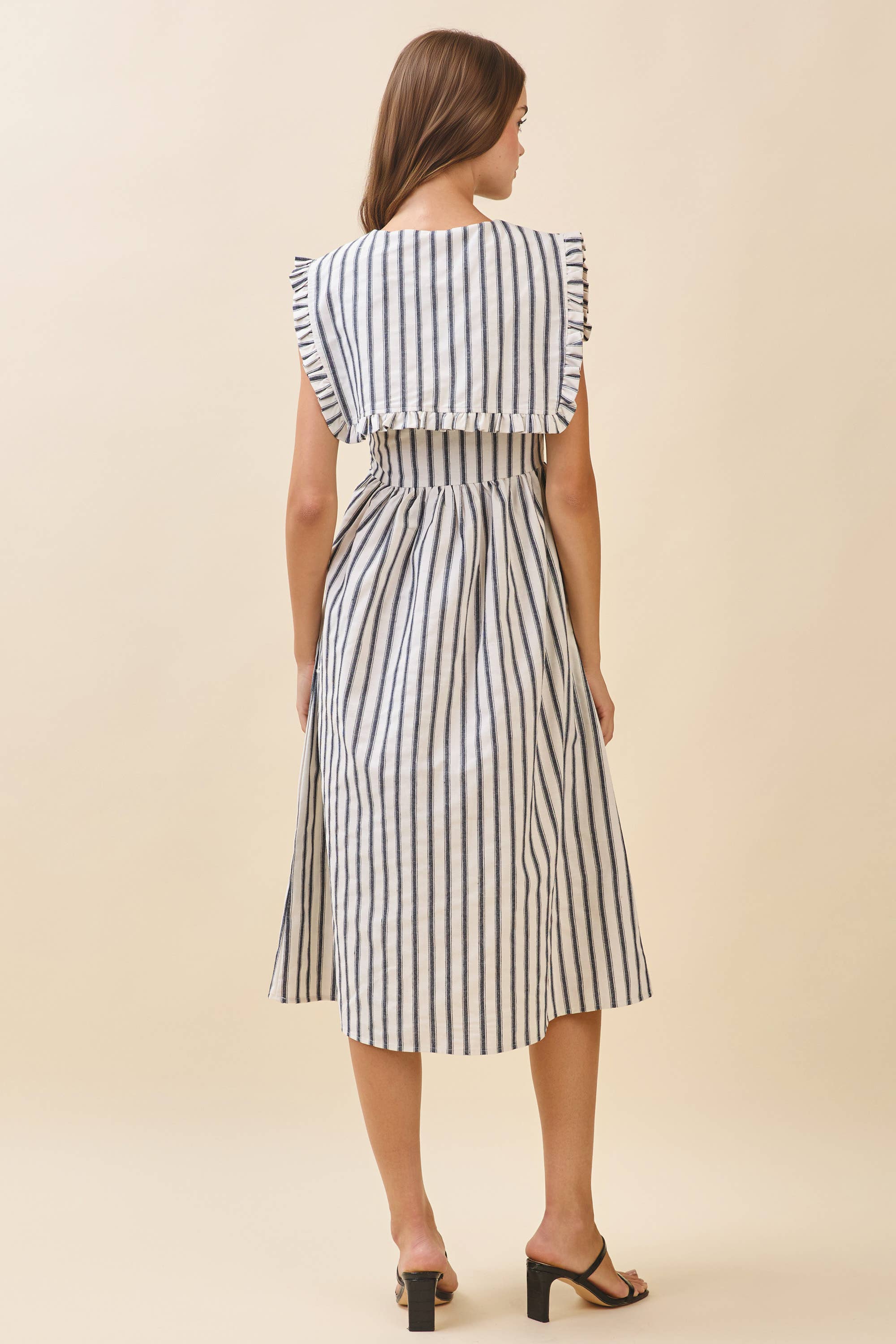Striped Ruffled Square Collar Midi Dress