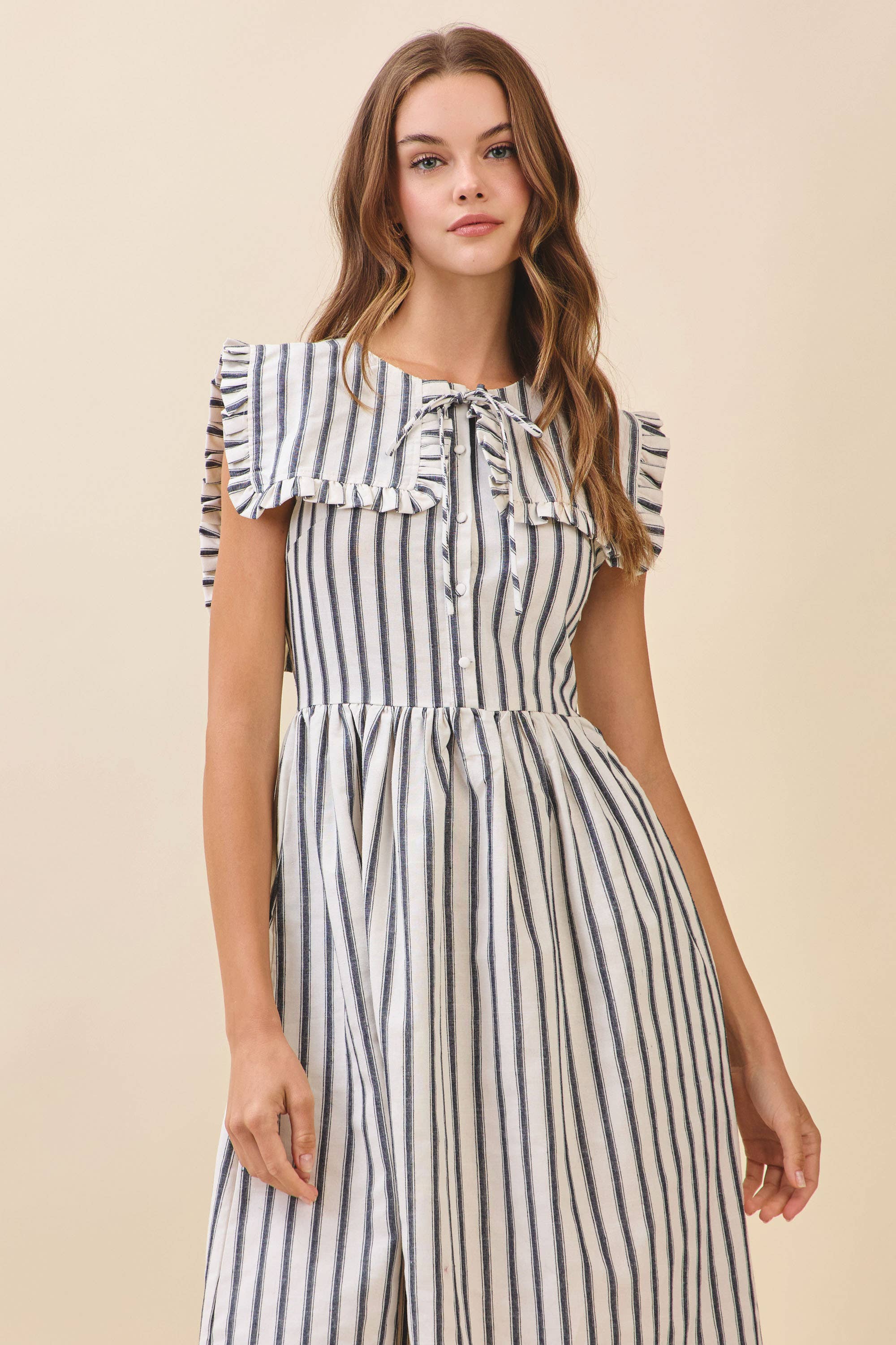 Striped Ruffled Square Collar Midi Dress