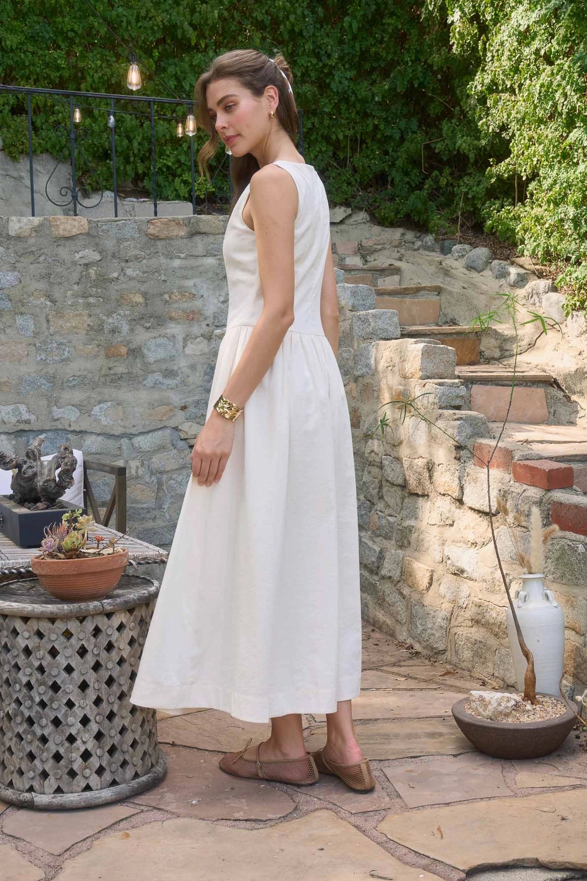 Boat Neck Front Button Midi Dress