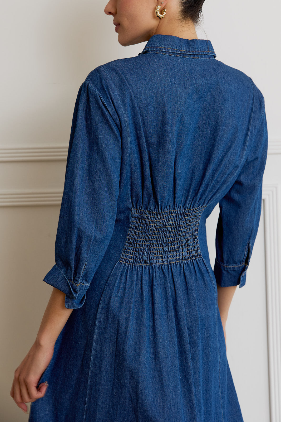 Button Down Pleat Detail Denim Dress